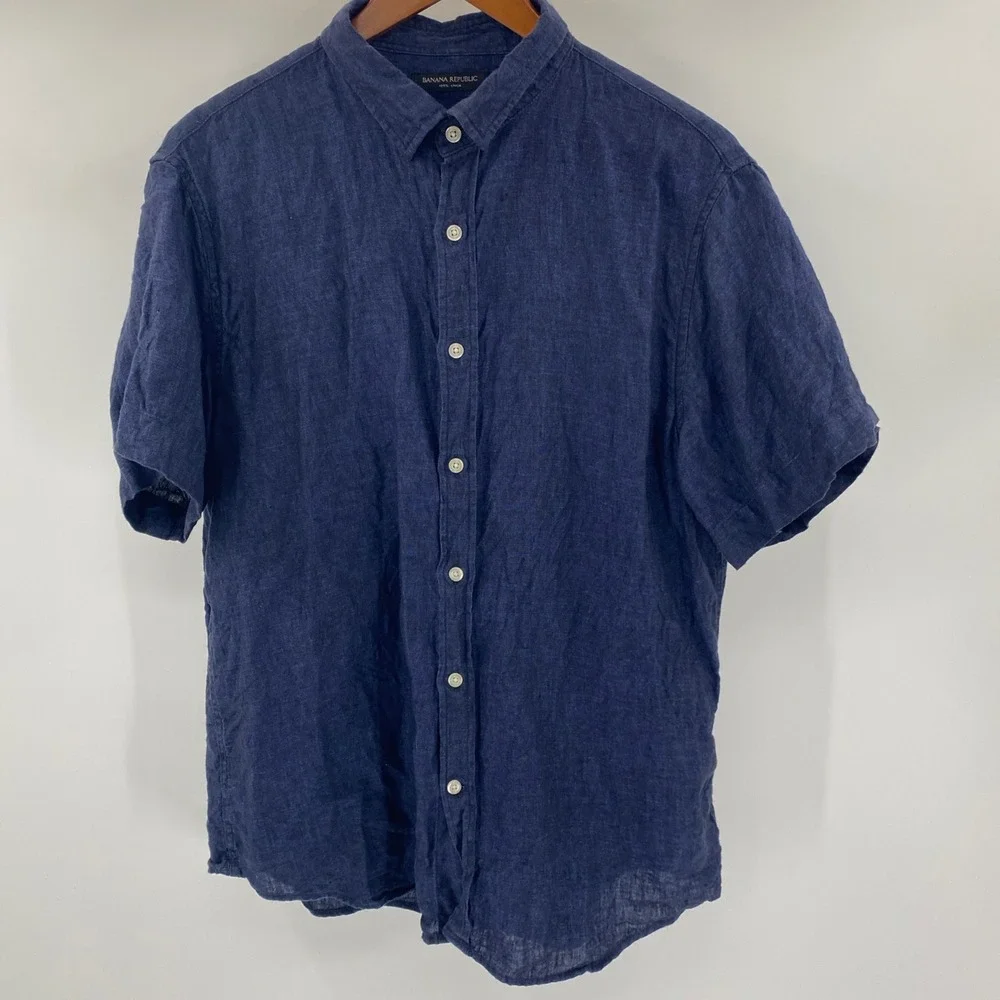 Banana Republic Linen Shirt Mens Large Slim Blue Summer Vacation Coastal Resort